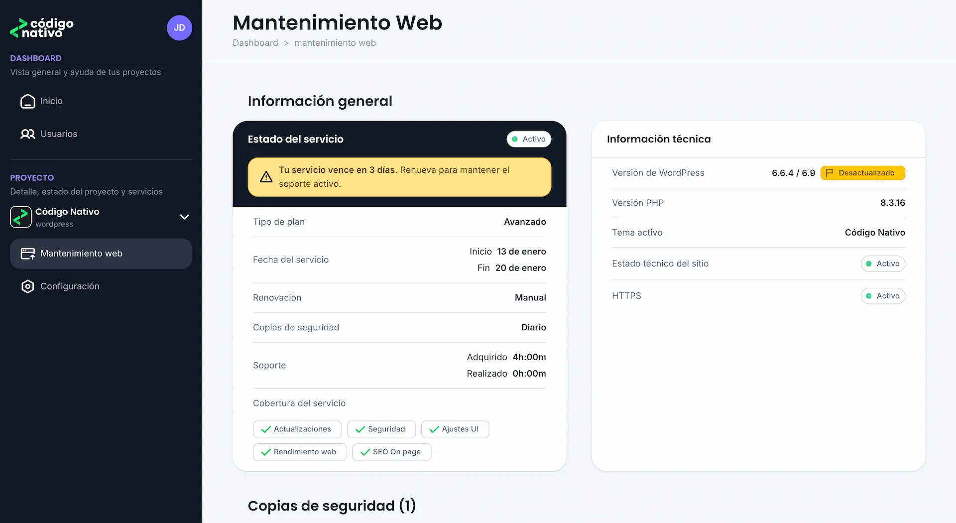 Dashboard de seguimiento de mantenimiento web WordPress - transparencia total